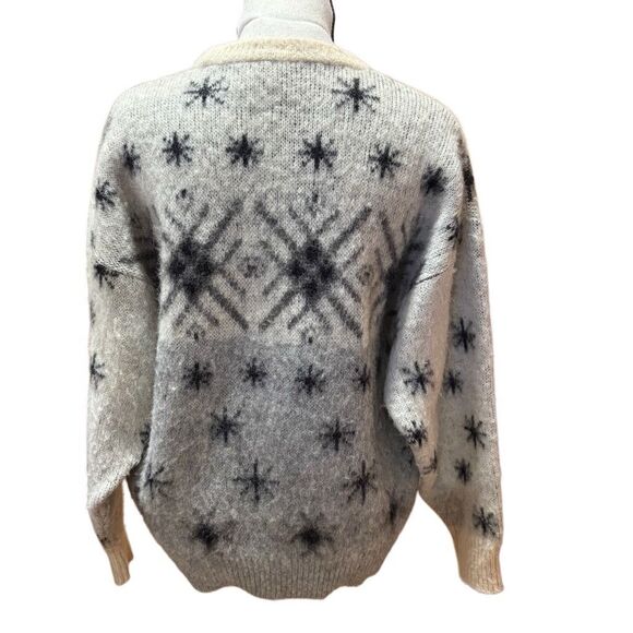 Samband of Iceland Vintage Wool Sweater Grey Black Snowflake Ribbed Trim Men Med - Picture 5 of 9